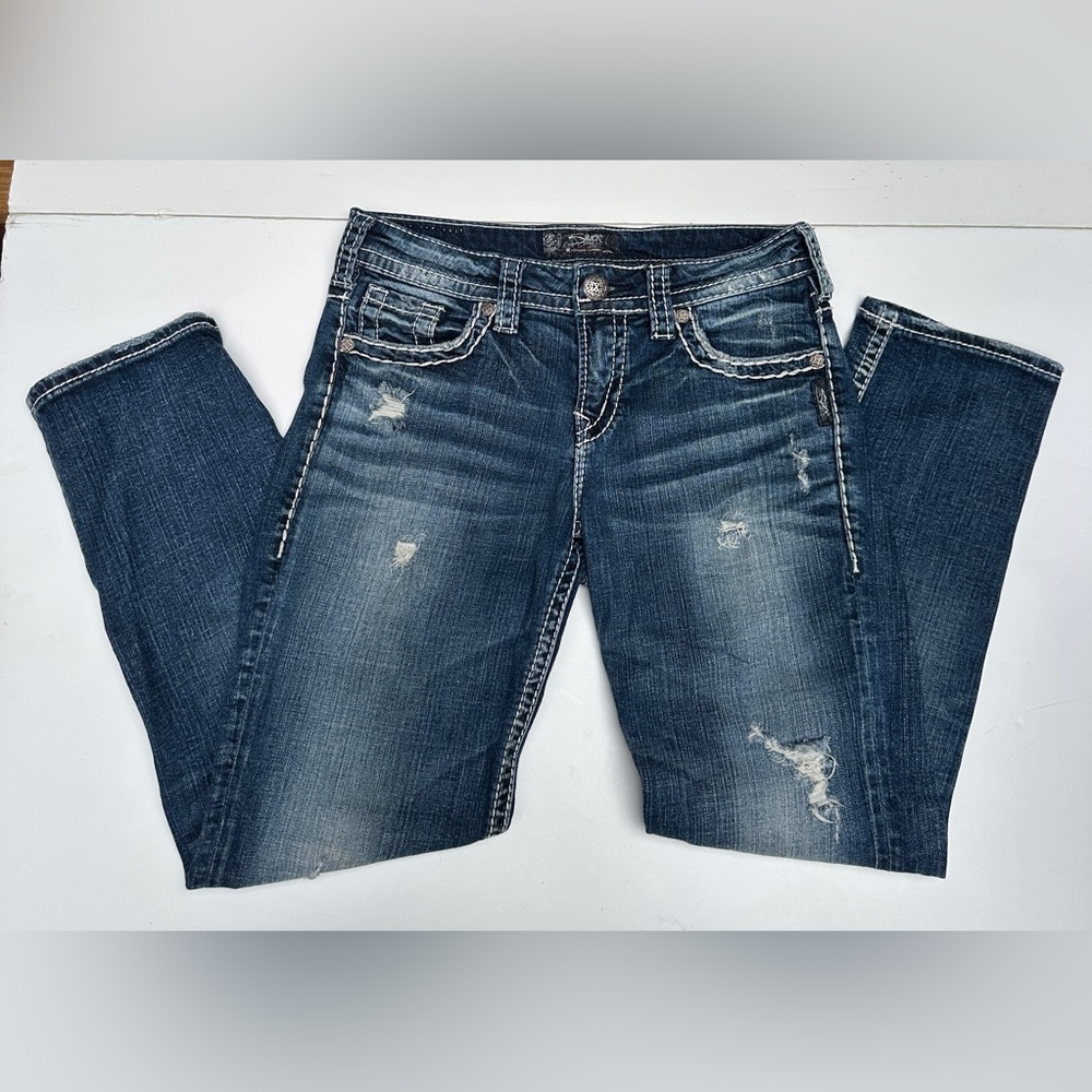 Silver Jeans Co Women's Aiko Distressed Mid Straight Jeans W26 L25 Medium Wash